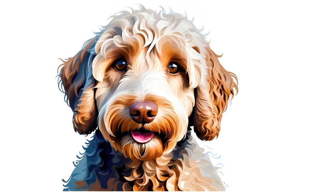 A vibrant and detailed digital painting of a Labradoodle with a cheerful expression, showcasing the breed's distinct wavy fur texture and friendly demeanor.
