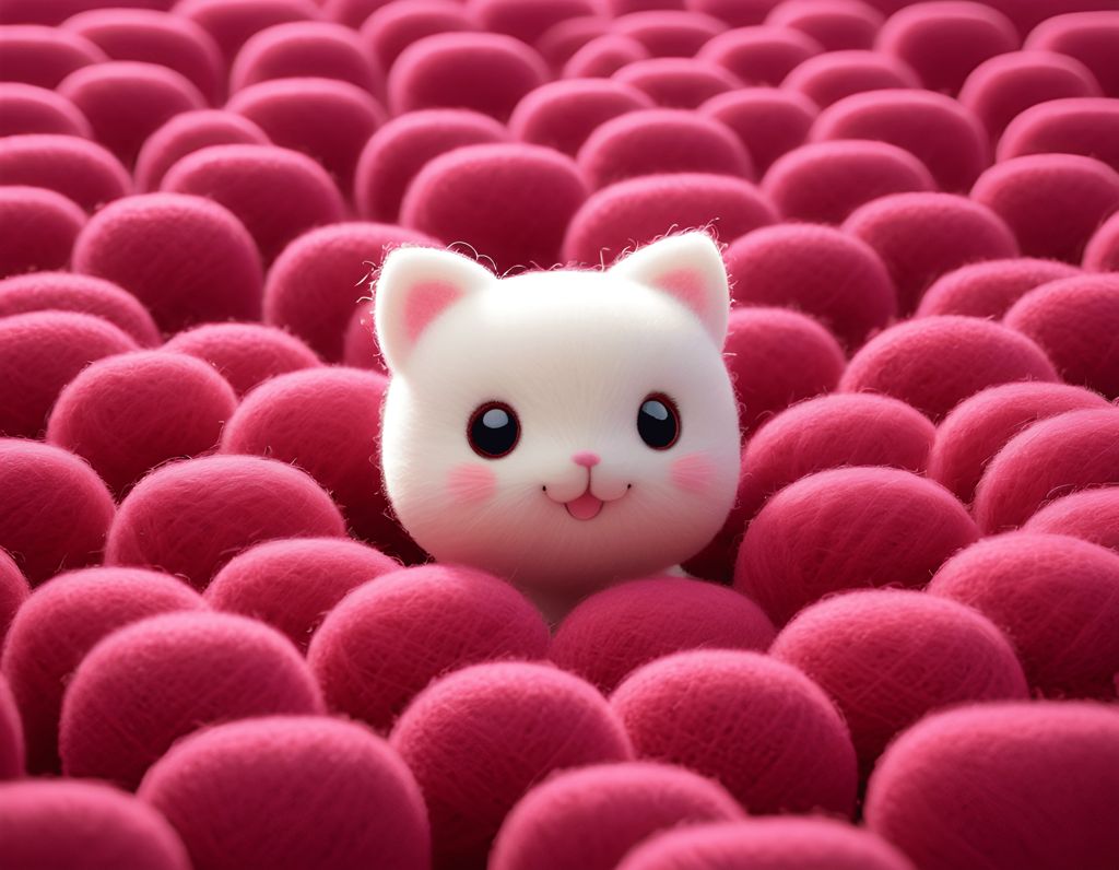 a white cat that is sitting in a large group of red balls