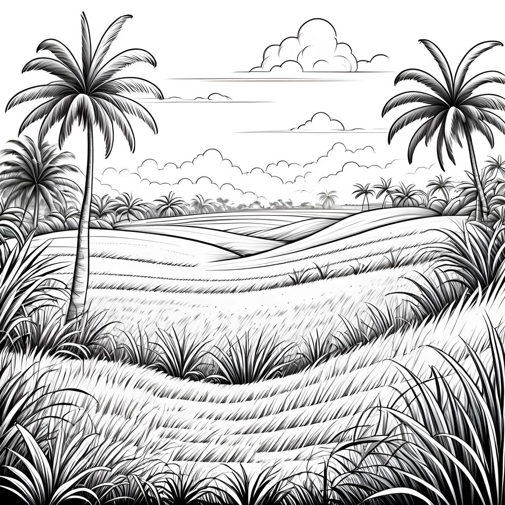 a drawing of a landscape with palm trees and a river