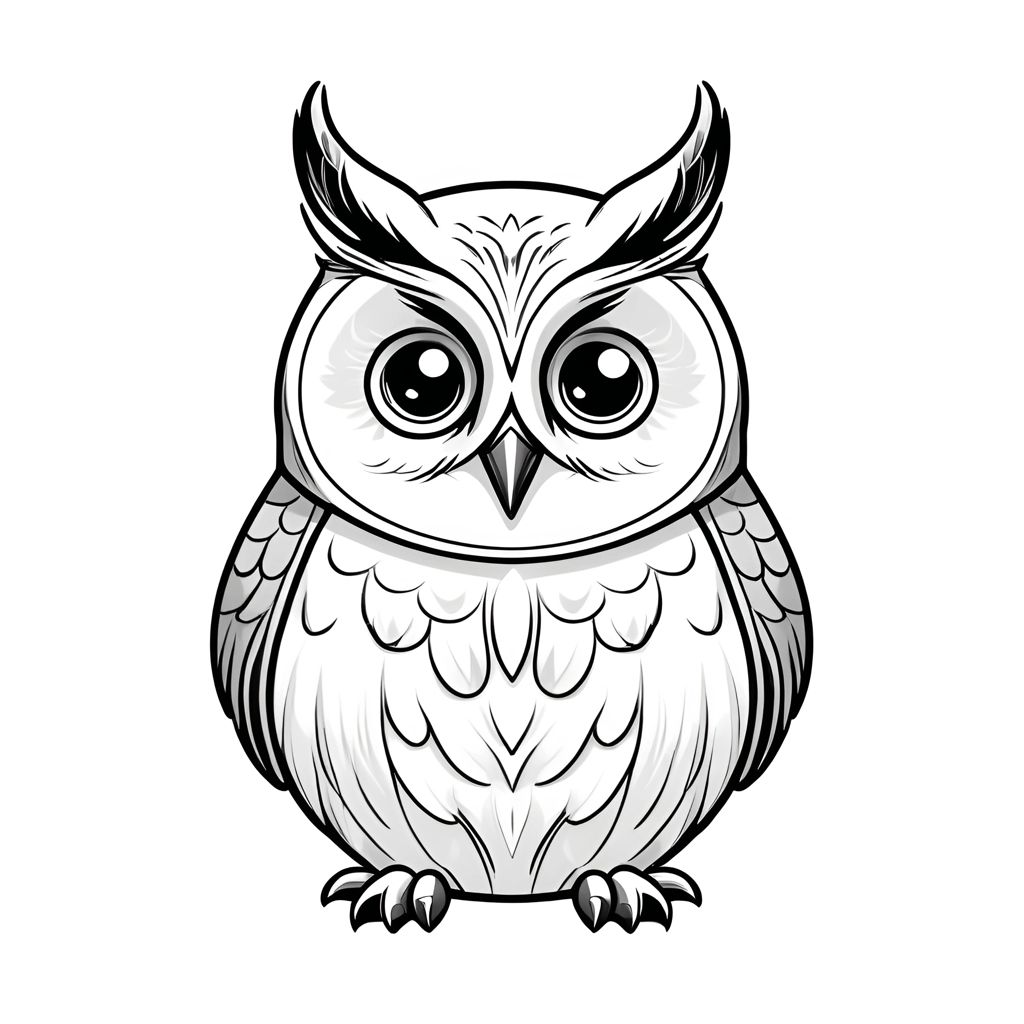 a black and white drawing of an owl with big eyes