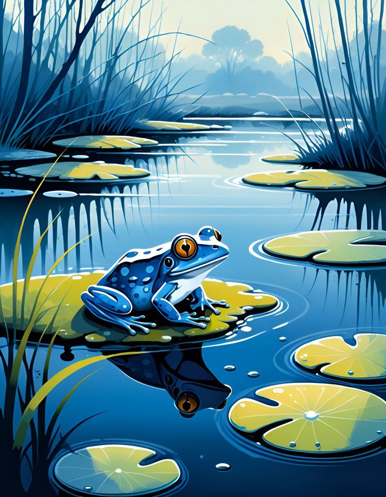 a frog sitting on a lily pad in the water
