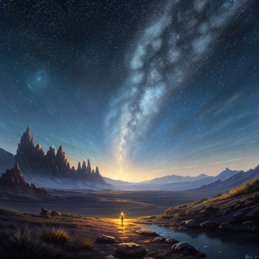 a painting of a man standing on a rocky hill looking at the stars