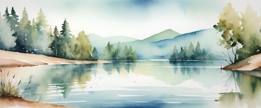 a painting of a lake with trees and mountains in the background