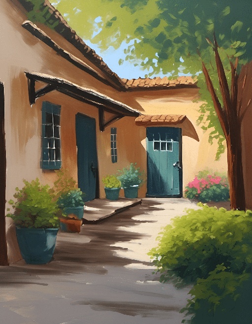 painting of a house with a blue door and a green door