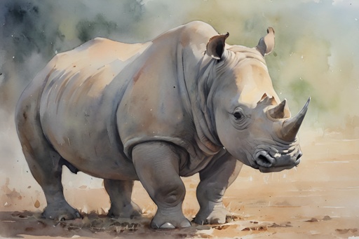 painting of a rhino standing in the dirt with a blurry background