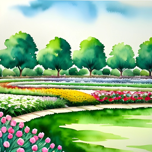 painting of a garden with a pond and a path with flowers