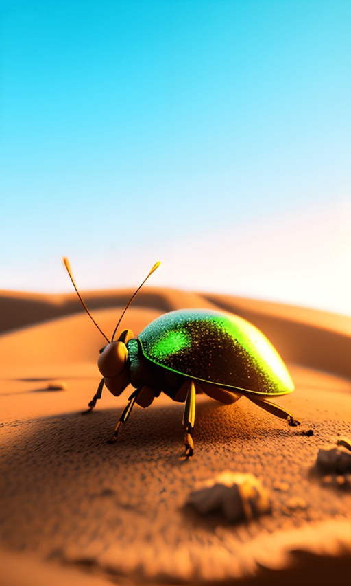 a green beetle that is sitting on the sand