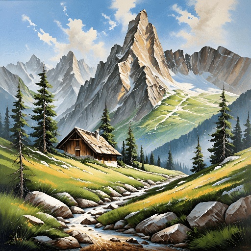 painting of a cabin in a mountain valley with a stream running through it