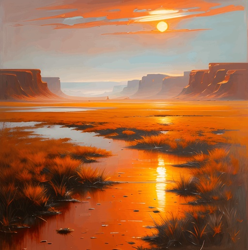 painting of a desert landscape with a river and a sunset
