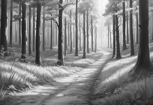 painting of a path in a forest with tall trees and grass