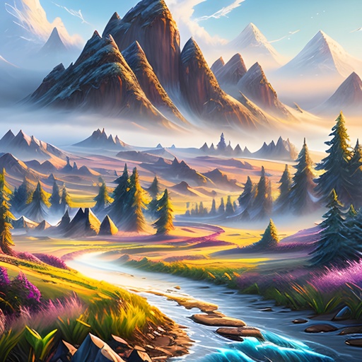 painting of a mountain landscape with a stream and a stream running through it