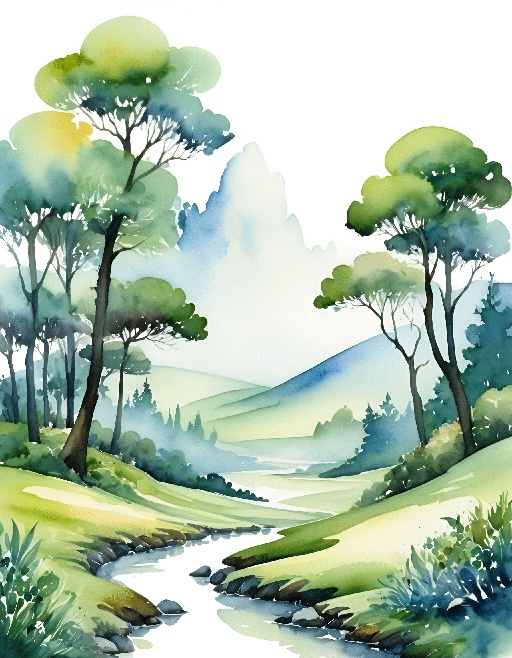 a watercolor painting of a river and trees