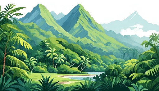 a cartoon illustration of a tropical jungle with mountains and trees