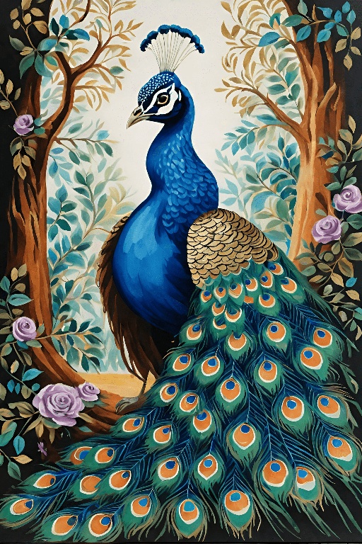 peacock with blue feathers and flowers in a floral frame
