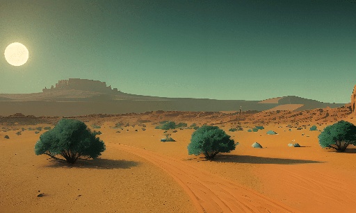 a desert scene with a dirt road and trees