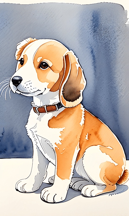 painting of a dog sitting on a table with a blue background