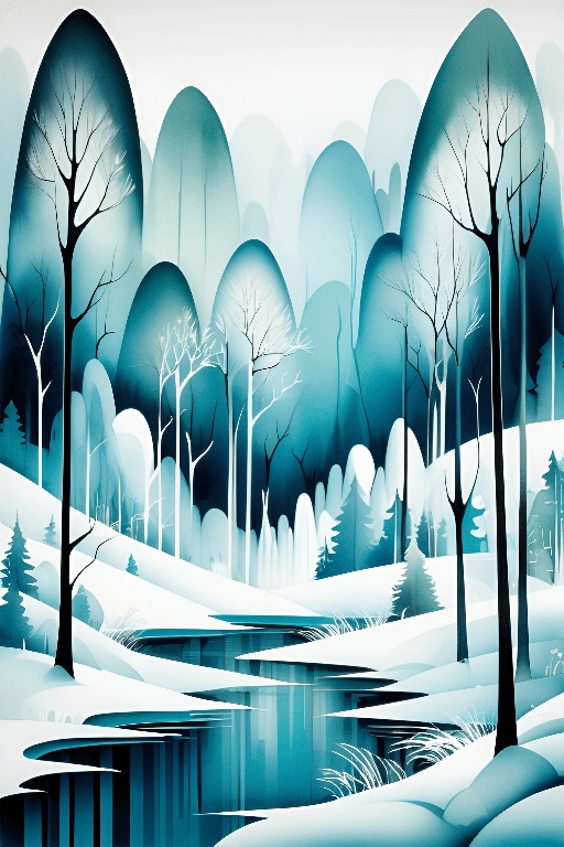 a painting of a snowy landscape with trees and a stream