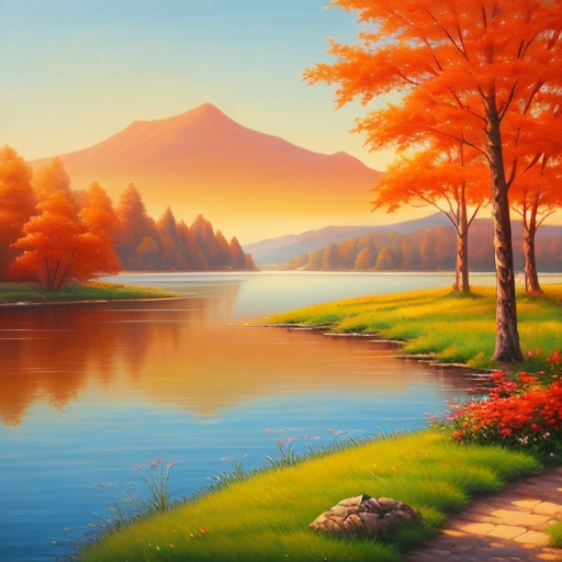 painting of a beautiful lake with a path leading to a mountain