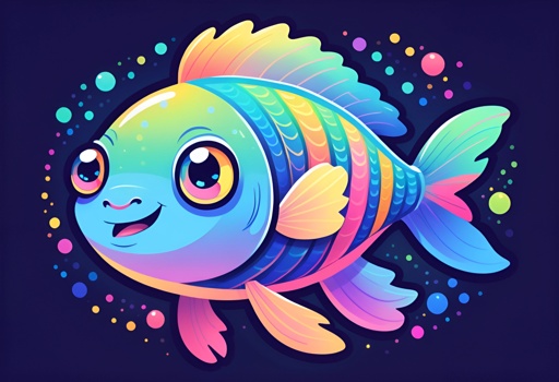 brightly colored fish with big eyes and a smile on a dark background