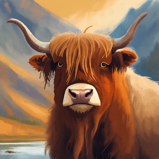 a painting of a cow with long hair and a mountain in the background