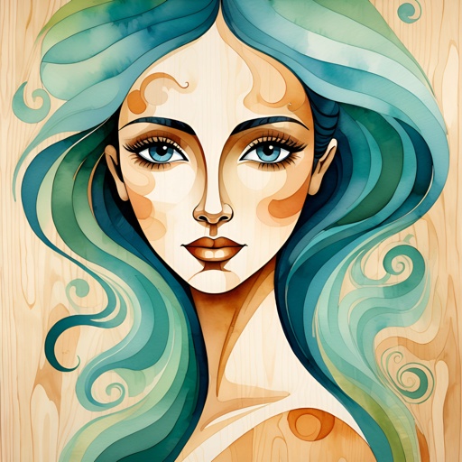 painting of a woman with blue hair and green eyes