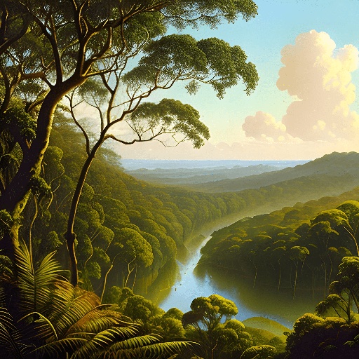 painting of a river in a tropical forest with a sky background