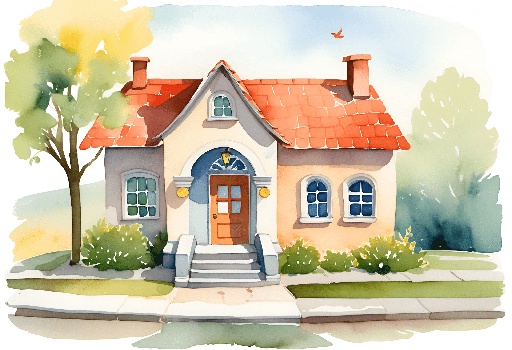 a watercolor painting of a house with a red roof