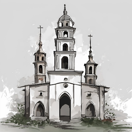 a drawing of a church with a clock tower
