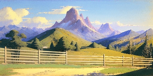 painting of a mountain scene with a fence and a horse