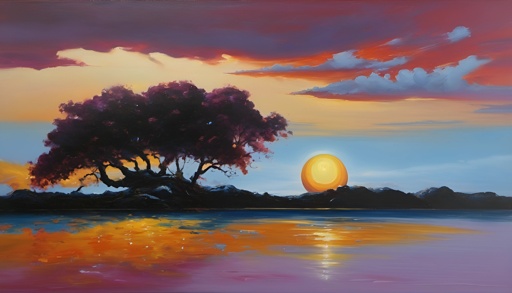 painting of a sunset with a tree and a body of water