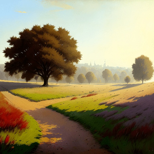 painting of a path leading to a field with trees and grass