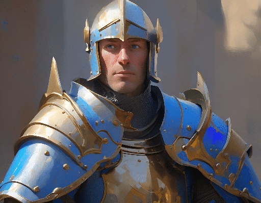 a man in a blue and gold armor with a helmet on