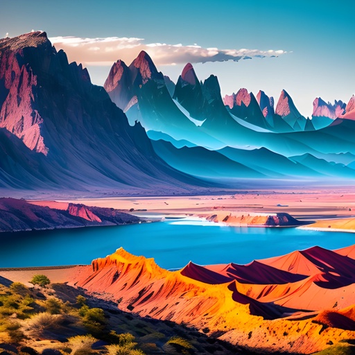 mountains and a body of water in a desert area with a blue sky