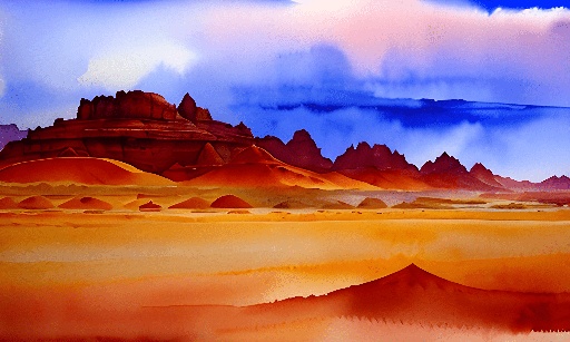 painting of a desert scene with a mountain in the distance