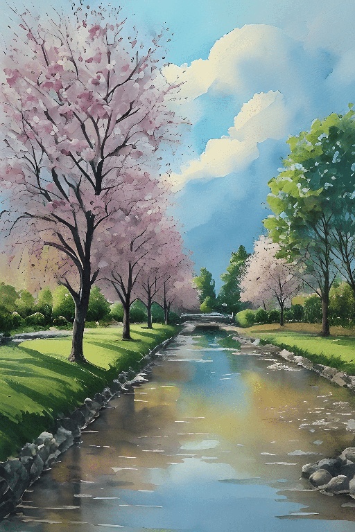 painting of a river with trees and rocks in a park