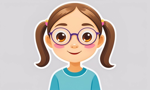 cartoon girl with glasses and ponytails in blue shirt