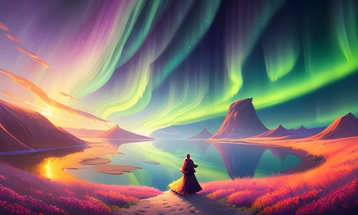 brightly colored aurora bores over a lake and a person in a long dress