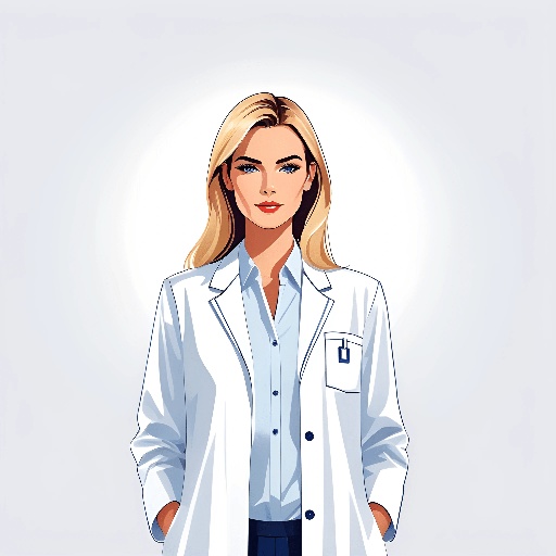 cartoon female doctor in white coat and blue pants