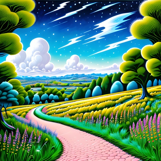 painting of a pathway leading to a field with flowers and trees
