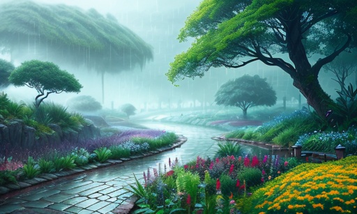 a close up of a pathway with flowers and trees in the rain