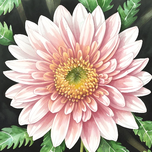 painting of a pink flower with green leaves on a black background