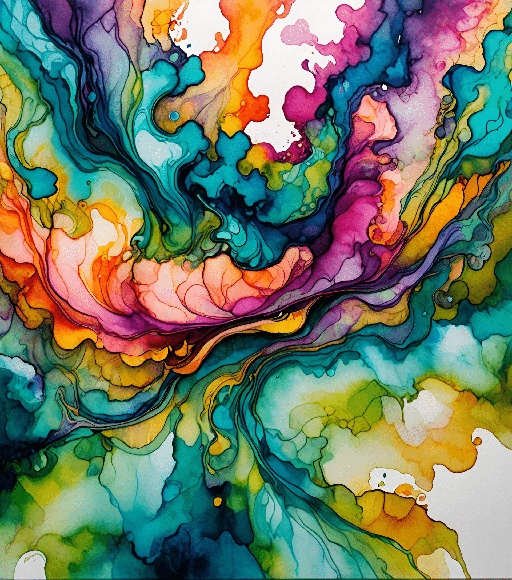 abstract painting of colorful swirls and bubbles on a white background