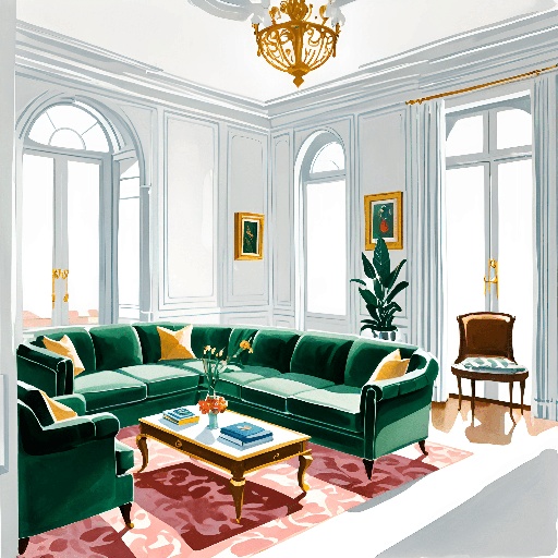 a drawing of a living room with green couches and a coffee table