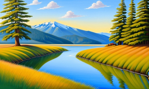 painting of a river running through a lush green field next to a forest
