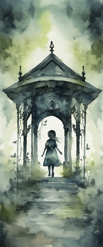 painting of a girl walking in a gazebo with a sky background