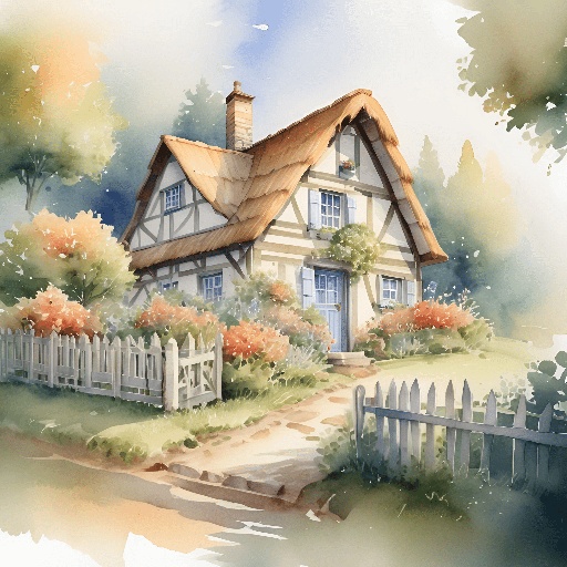 painting of a house with a thatched roof and a fence