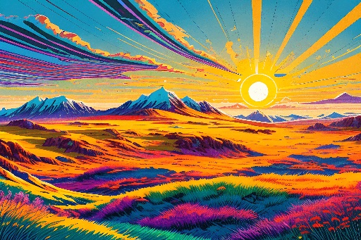 a painting of a sunset over a mountain range with a valley in the foreground
