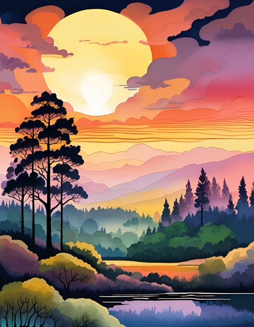 a painting of a sunset over a lake and mountains