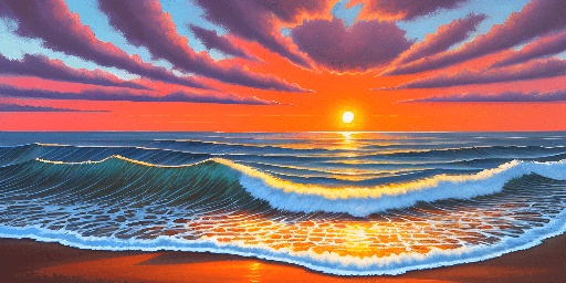 painting of a sunset over the ocean with waves coming in