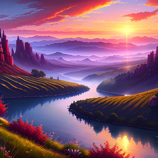 painting of a beautiful sunset over a valley with a river